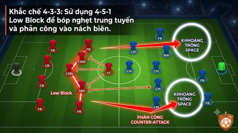 Sơ đồ chiến thuật minh họa cách khắc chế 4-3-3 bằng việc sử dụng đội hình 4-5-1 Low Block lùi sâu để bóp nghẹt trung tuyến và phản công nhanh.