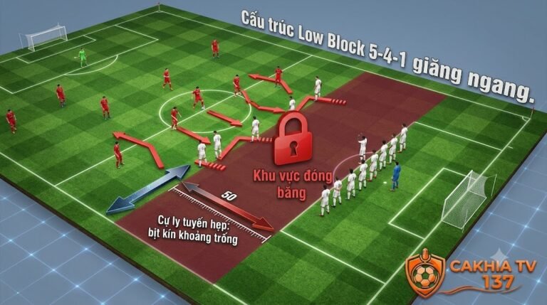 Đồ họa sa bàn chiến thuật mô phỏng cấu trúc khối phòng ngự lùi sâu (low block) với sơ đồ 5-4-1 giăng ngang bịt kín trung lộ.