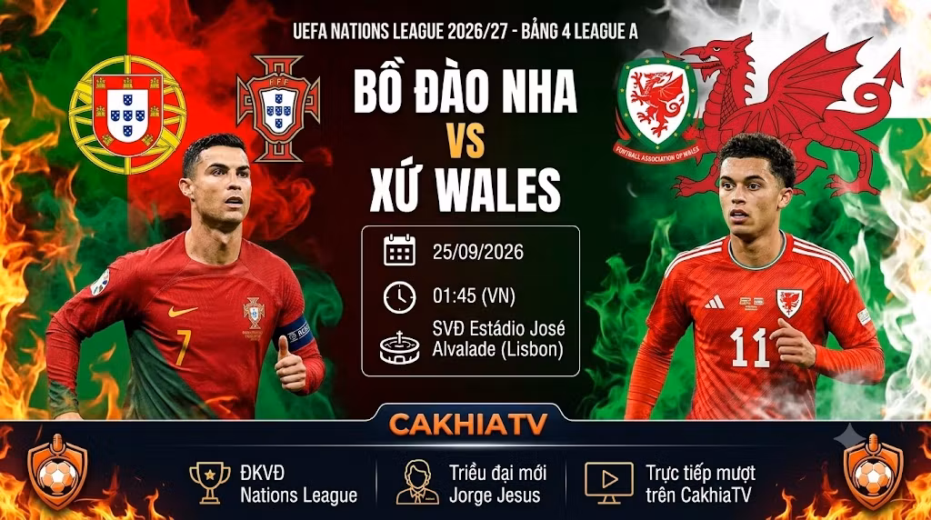 Nhận định bóng đá Bồ Đào Nha vs Xứ Wales UEFA Nations League ngày 25/09 tại CakhiaTV