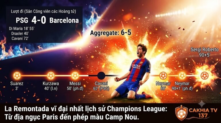 Biểu đồ thời gian trận La Remontada lịch sử năm 2017 khi Barcelona lội ngược dòng đánh bại PSG 6-1 tại sân Camp Nou.