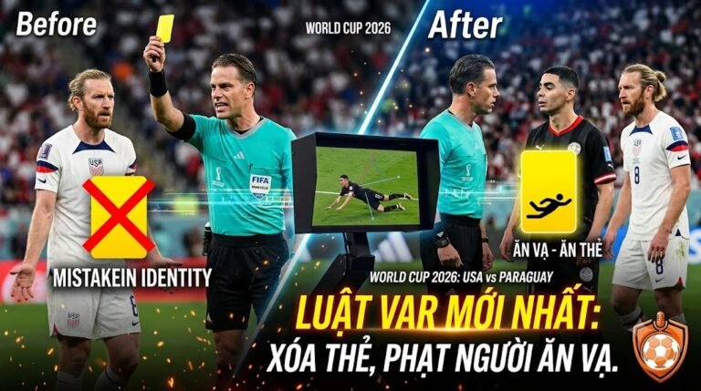 Đồ họa Before/After về lỗi Mistaken Identity tại World Cup 2026; trọng tài xóa thẻ vàng của Tim Ream (Mỹ) và phạt ngược lại Miguel Almiron (Paraguay) vì lỗi ăn vạ.